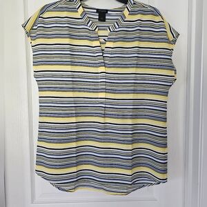 Ann Taylor Striped Yellow and Blue Women's V Neck Pop-over Top